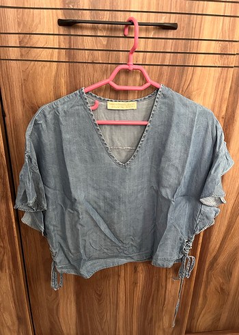 V Yakalı Düğmeli Kadın Denim bluz - Görsel 2