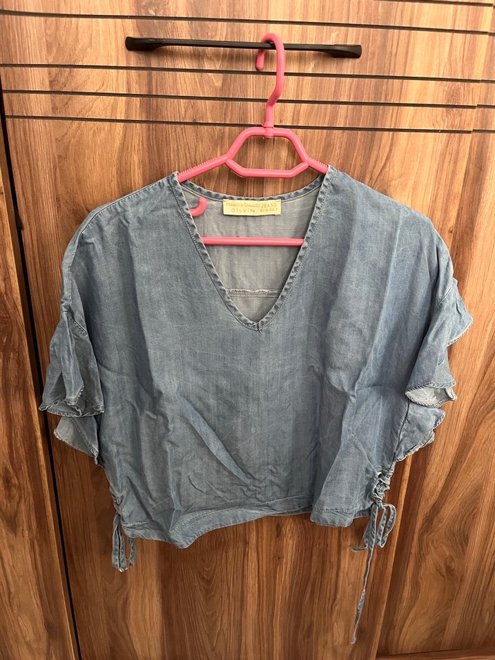 V Yakalı Düğmeli Kadın Denim bluz - Görsel 2