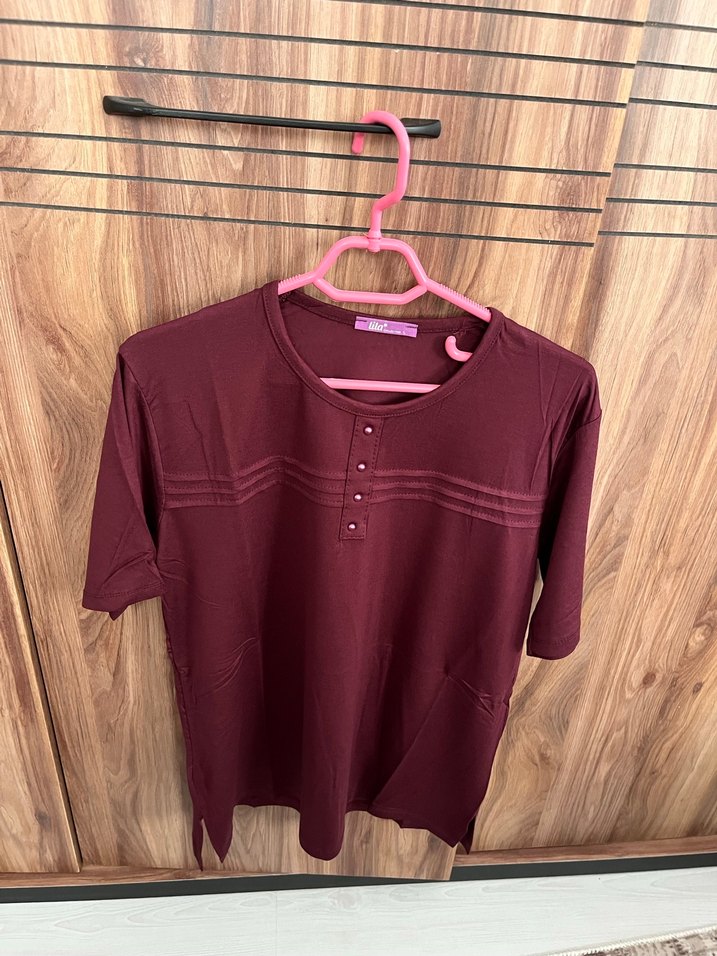 Bordo Düğmeli Kısa Kollu Kadın Bluz - Görsel 2