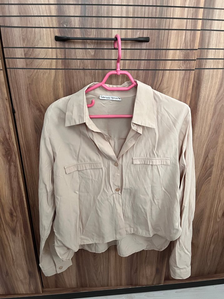 Fullamoda Bej Düğmeli Uzun Kollu Keten Kadın Gömlek - Görsel 2