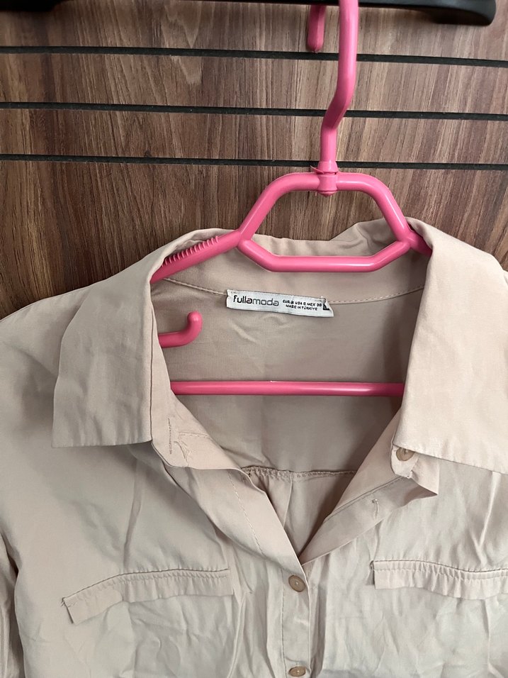 Fullamoda Bej Düğmeli Uzun Kollu Keten Kadın Gömlek - Görsel 3