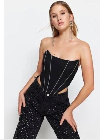 Siyah Straplez Parlak Denim Büstiyer