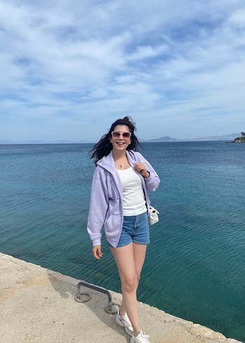 H&M lila kapüşonlu fermuarlı sweatshirt
