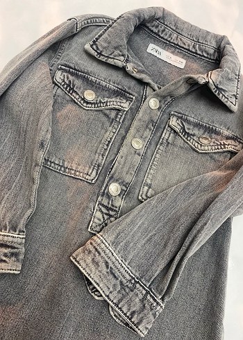 Kız Çocuk Gri Batik Desenli Denim Elbise - Görsel 2