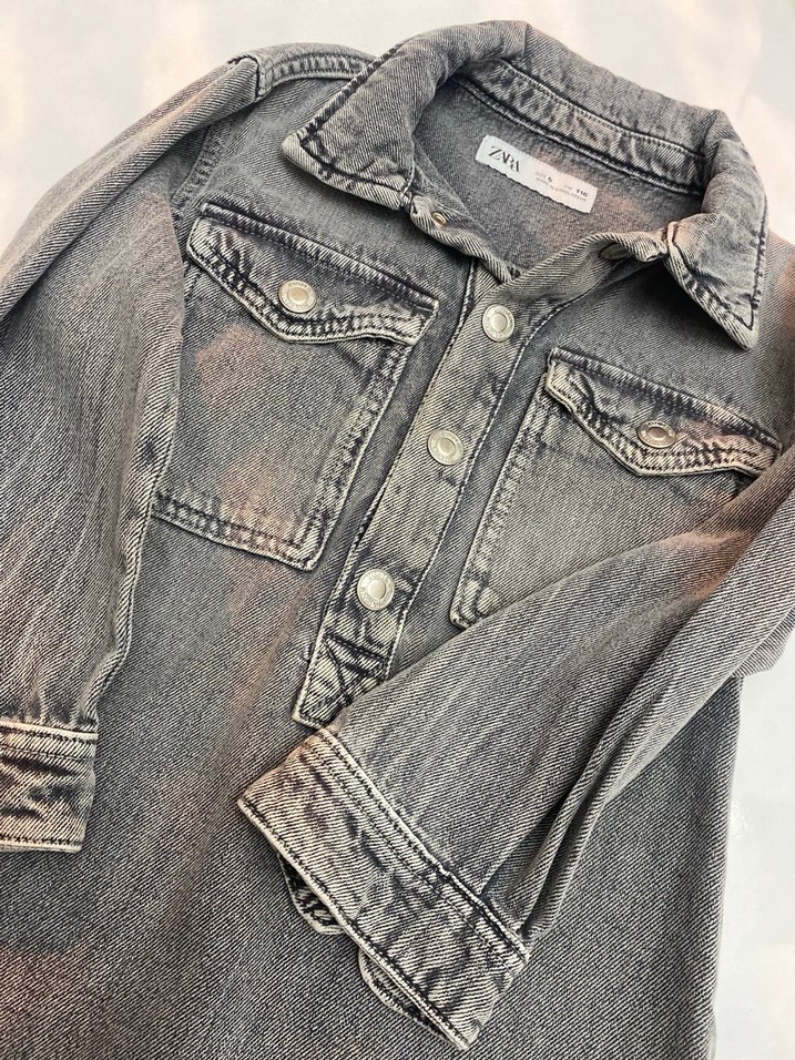 Kız Çocuk Gri Batik Desenli Denim Elbise - Görsel 2