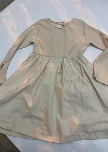 Kız Çocuk Bej Keten Uzun Kollu Elbise - Görsel 4
