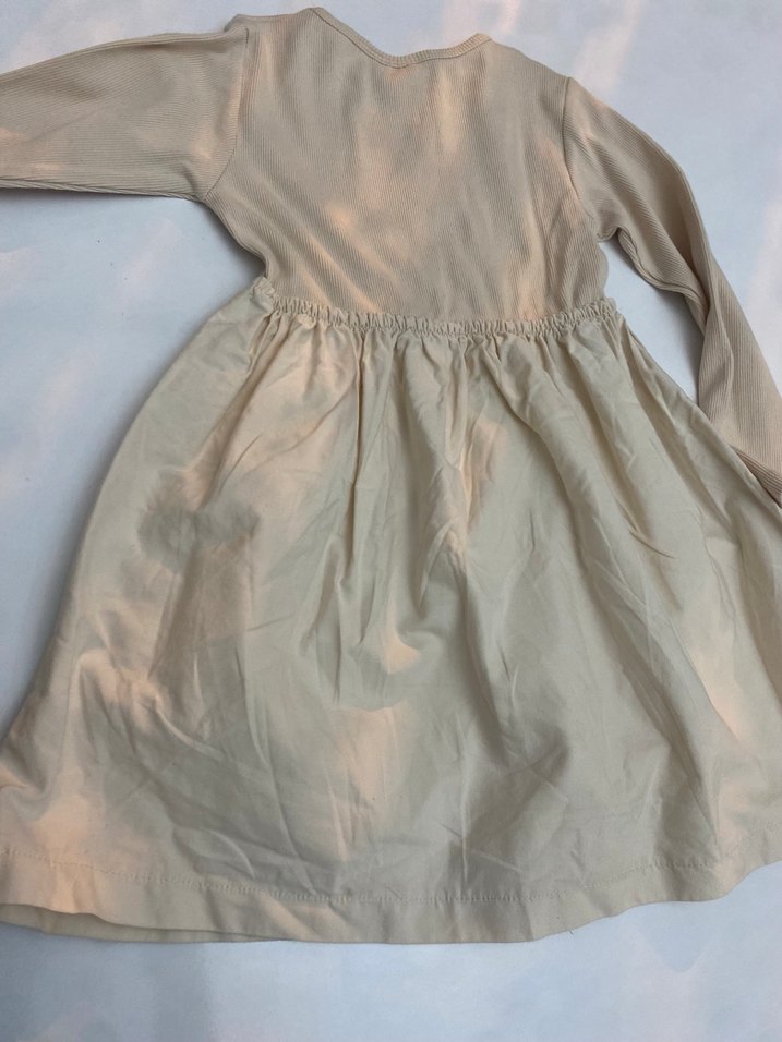 Kız Çocuk Bej Keten Uzun Kollu Elbise - Görsel 3