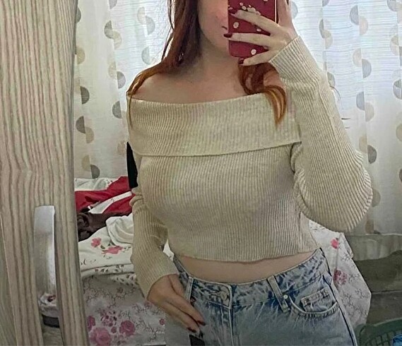 Milla crop carmen yaka taş rengi triko kazak - Görsel 2