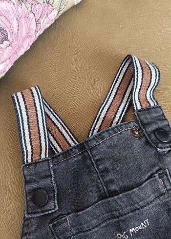 9-12 Ay Beden Erkek Çocuk Gri Denim Askılı Tulum