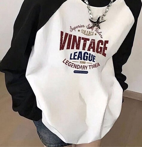 Vintage Baskılı Reglan Uzun Kol Tshirt