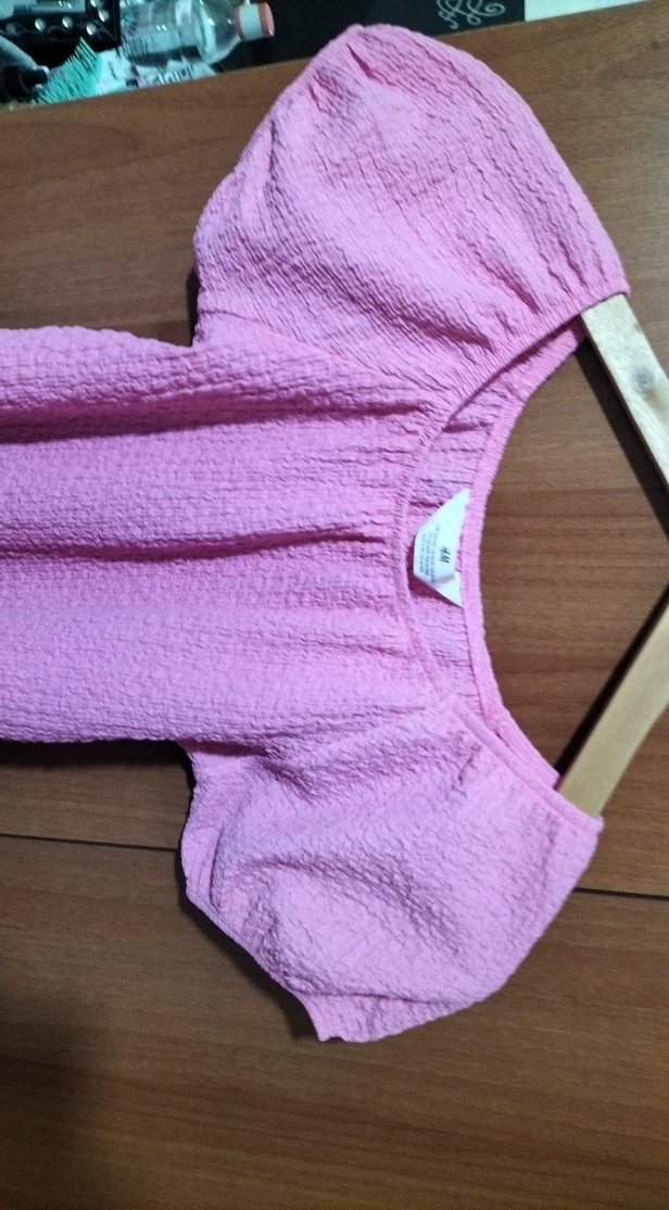 Pembe Kısa Kollu Kadın Keten Bluz - Görsel 2