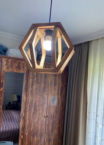 Bej Ahşap Altıgen Avize Lambası