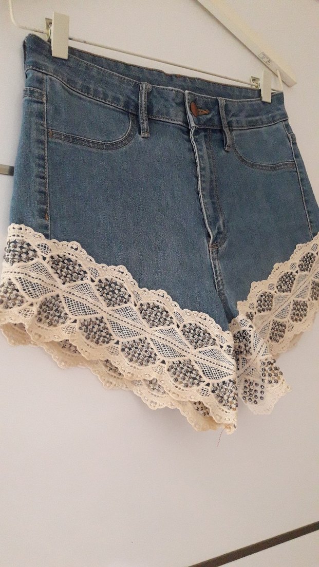 Dantel Detaylı Mavi Kot Skınny Şort - Görsel 2
