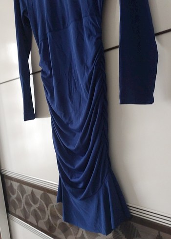 Mavi Uzun Kollu Drapeli abiye elbise - Görsel 7