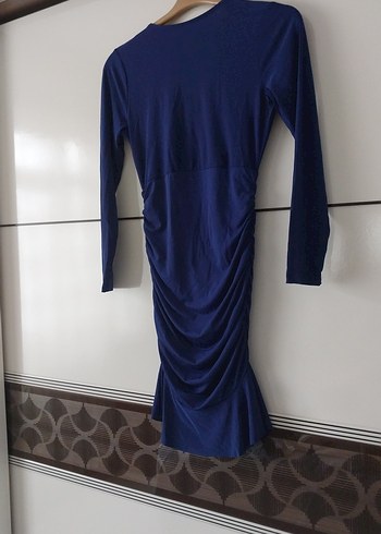 Mavi Uzun Kollu Drapeli abiye elbise - Görsel 6