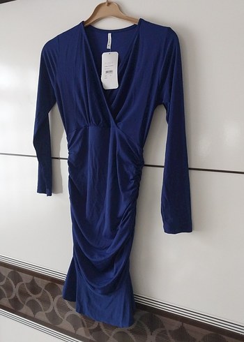 Mavi Uzun Kollu Drapeli abiye elbise - Görsel 4