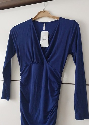 Mavi Uzun Kollu Drapeli abiye elbise - Görsel 3