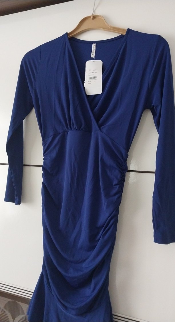 Mavi Uzun Kollu Drapeli abiye elbise - Görsel 2