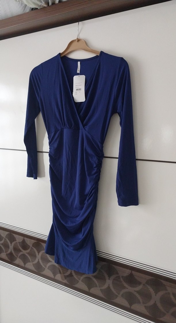 Mavi Uzun Kollu Drapeli abiye elbise - Görsel 4