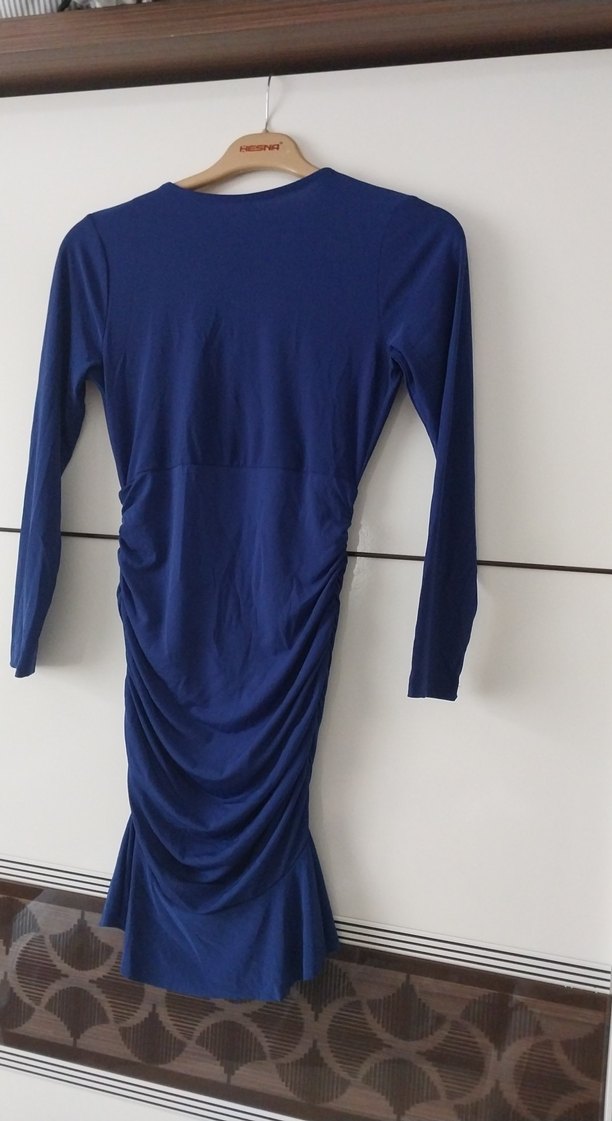 Mavi Uzun Kollu Drapeli abiye elbise - Görsel 5