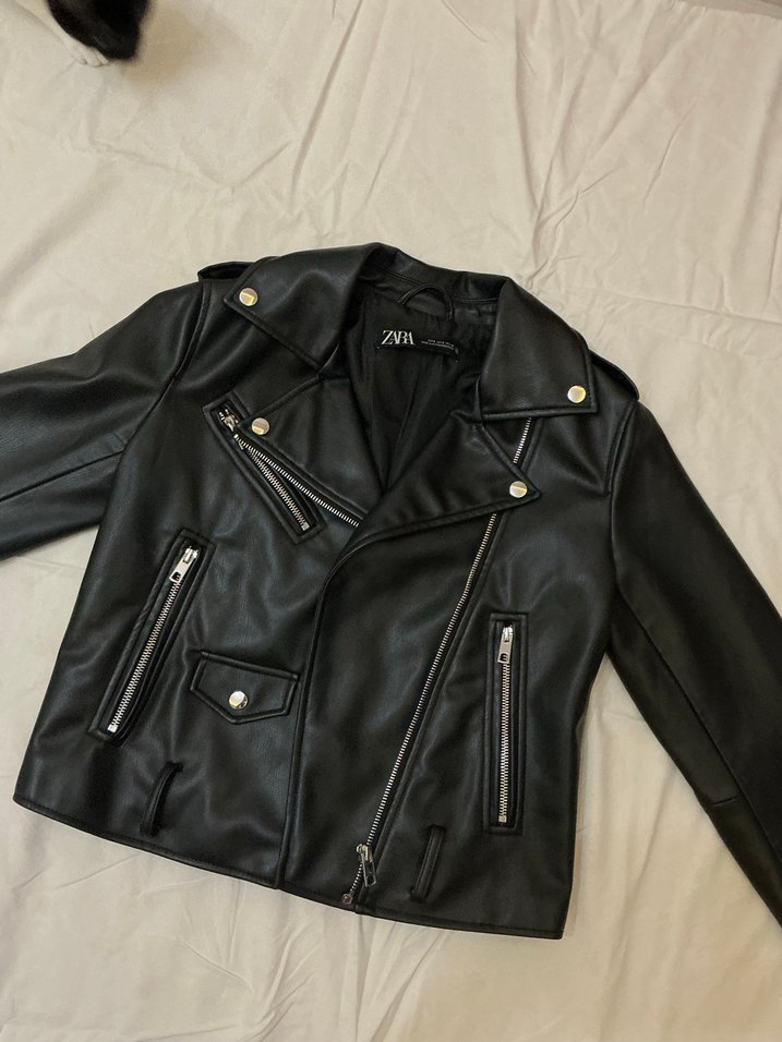 Zara Kadın Siyah Deri Biker Ceket - Görsel 3