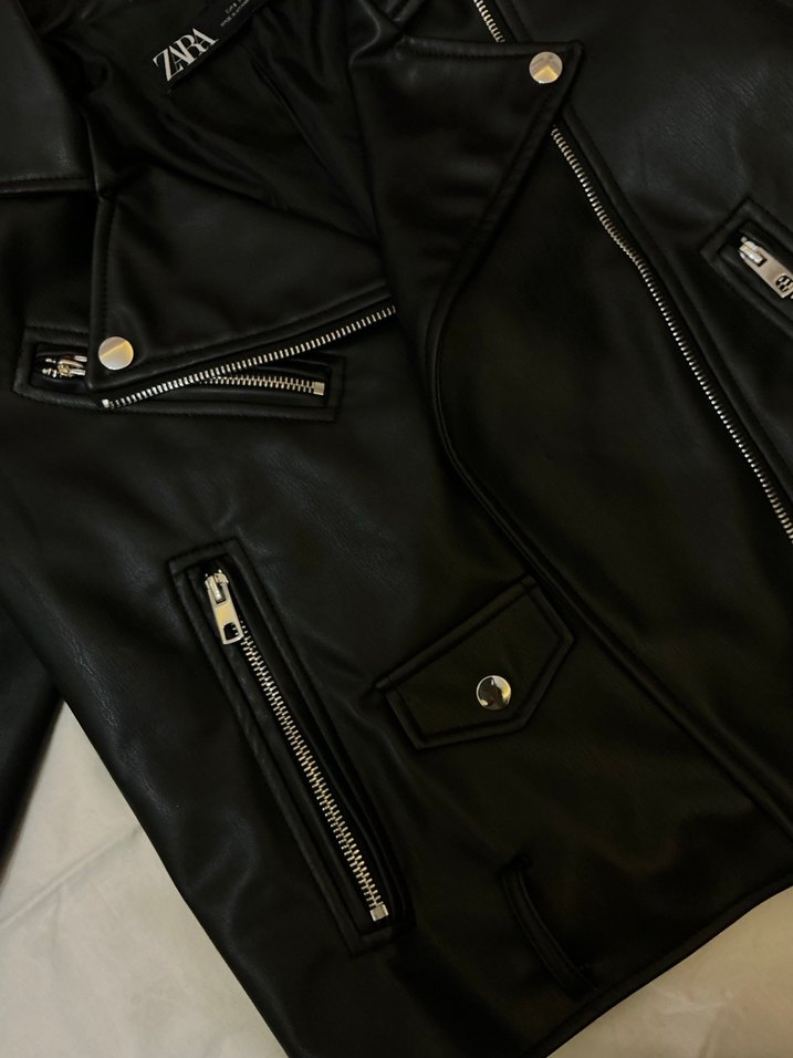 Zara Kadın Siyah Deri Biker Ceket - Görsel 4