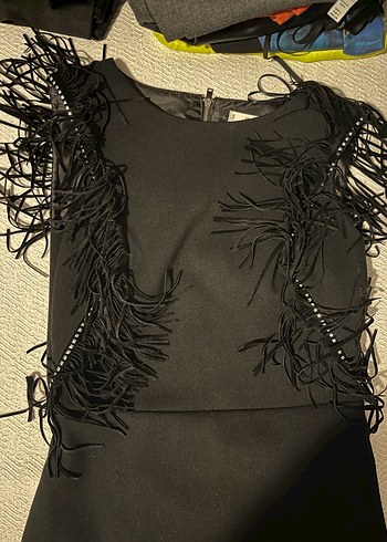 Mango Siyah Kolsuz püskül Detaylı mini Elbise - Görsel 2