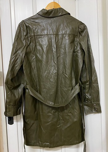 Kemerli Uzun Haki Deri Kadın Elbise - Görsel 5