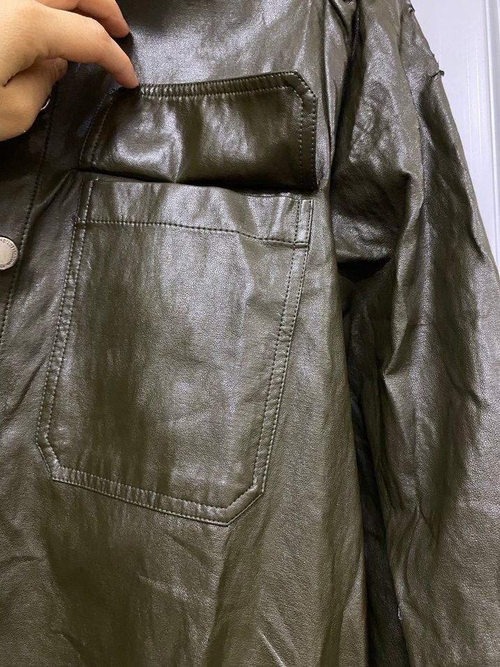 Kemerli Uzun Haki Deri Kadın Elbise - Görsel 4