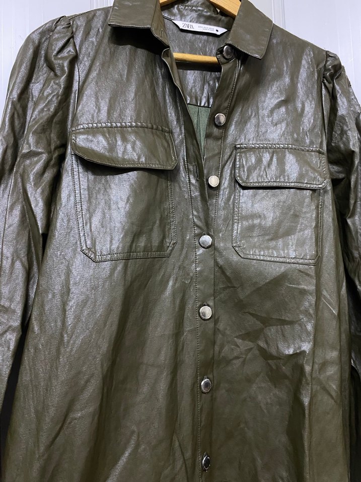 Kemerli Uzun Haki Deri Kadın Elbise - Görsel 3