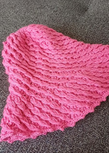 Pembe Örgü Kadın Şapka Çiçek Detaylı - Görsel 4