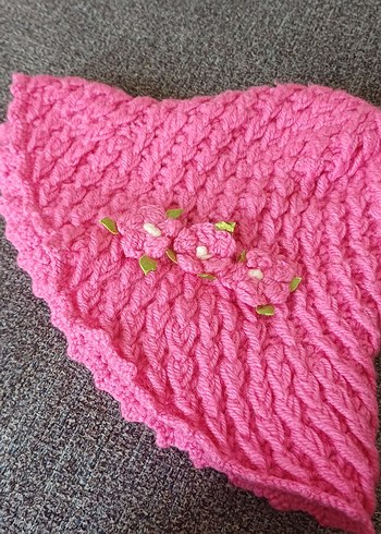 Pembe Örgü Kadın Şapka Çiçek Detaylı - Görsel 2