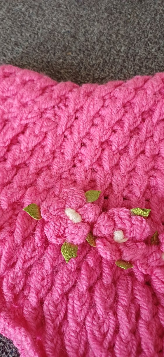 Pembe Örgü Kadın Şapka Çiçek Detaylı - Görsel 3