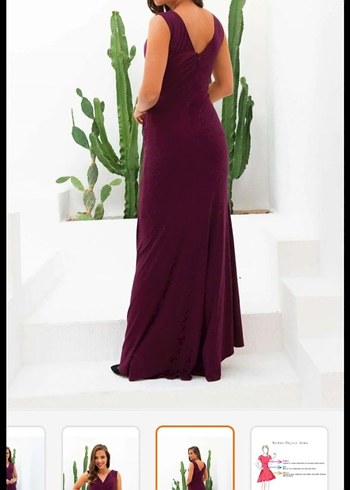 Bordo V Yaka Drapeli Uzun Abiye Elbise - Görsel 2