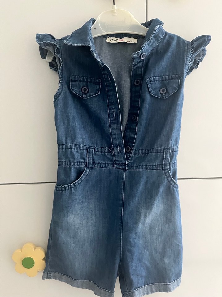 Kız Çocuk Denim Kısa Tulum Düğmeli - Görsel 2