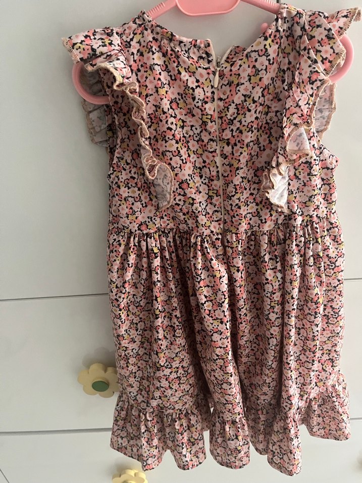 Pembe Çiçekli Kız Çocuk Fırfırlı Elbise - Görsel 2