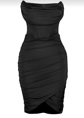 xs Beden Siyah Drapeli Straplez Korse Mini Elbise