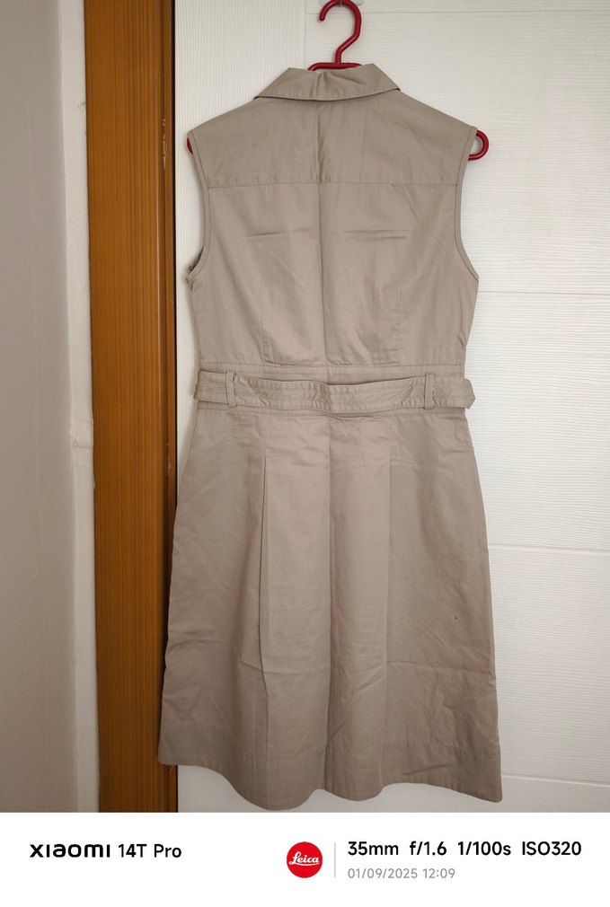 Kemerli Bej Midi Keten Elbise - Görsel 2