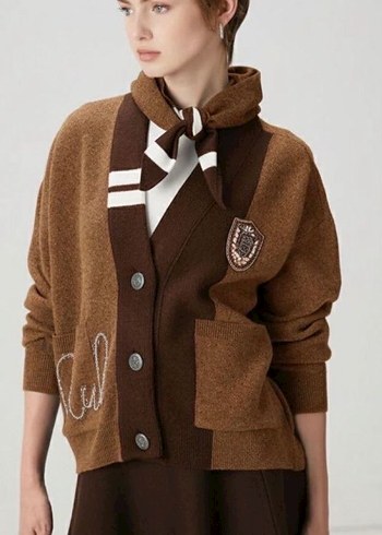 Kahverengi Nakışlı Triko Kadın Hırka - Görsel 9