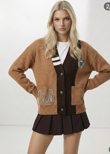 Kahverengi Nakışlı Triko Kadın Hırka - Görsel 2