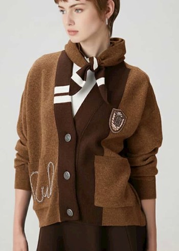 Kahverengi Nakışlı Triko Kadın Hırka - Görsel 5