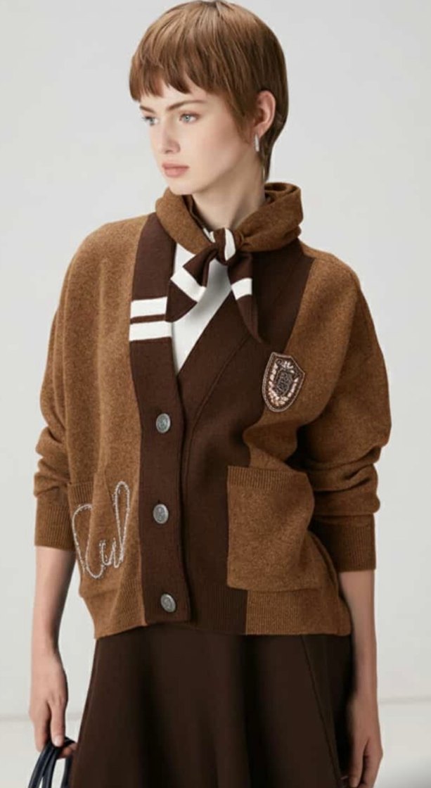 Kahverengi Nakışlı Triko Kadın Hırka - Görsel 5