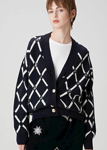 Lacivert Ekoseli Triko Kadın Hırka - Görsel 19