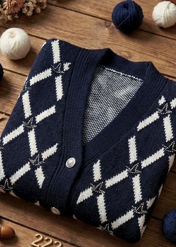 Lacivert Ekoseli Triko Kadın Hırka - Görsel 4