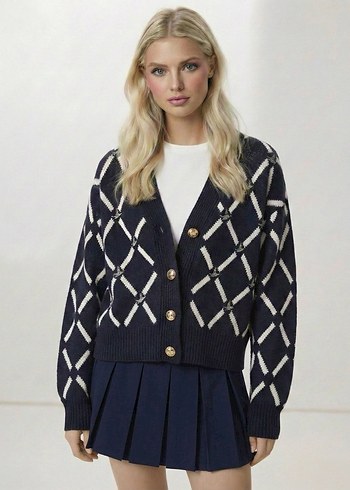 Lacivert Ekoseli Triko Kadın Hırka - Görsel 16