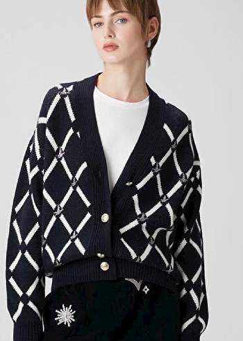 Lacivert Ekoseli Triko Kadın Hırka - Görsel 15