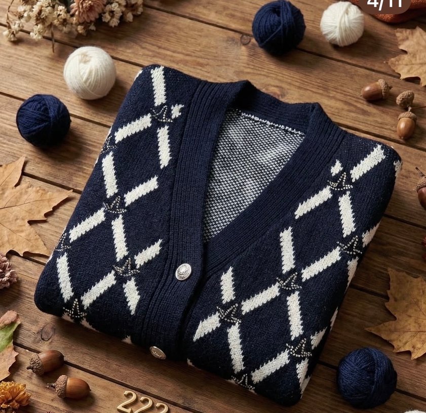 Lacivert Ekoseli Triko Kadın Hırka - Görsel 4