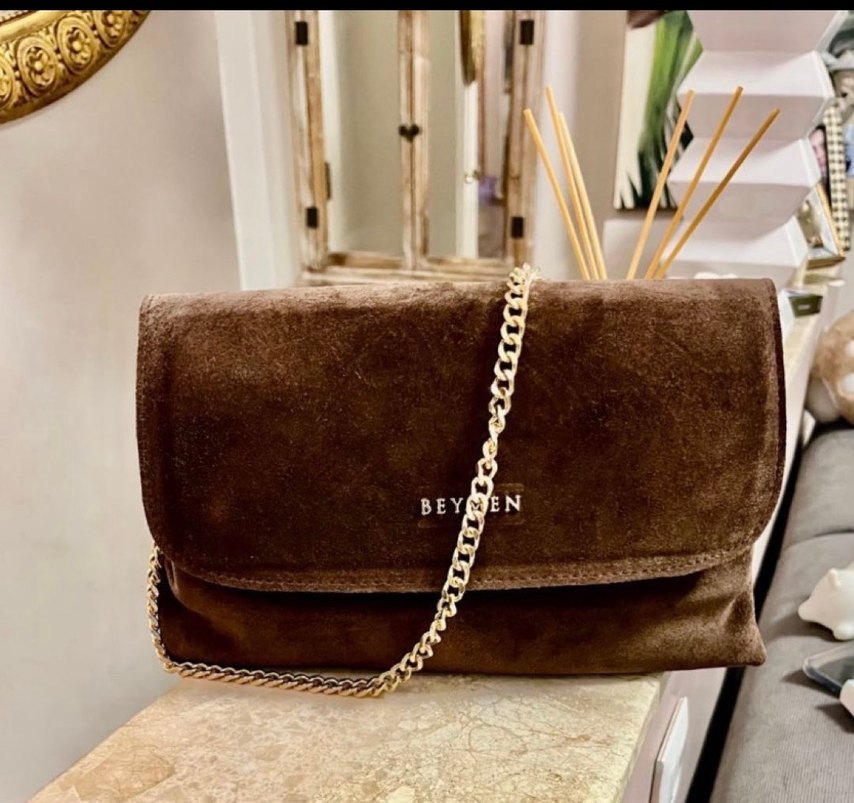 Zincir Detaylı Kahverengi Süet Kadın Çanta - Görsel 2