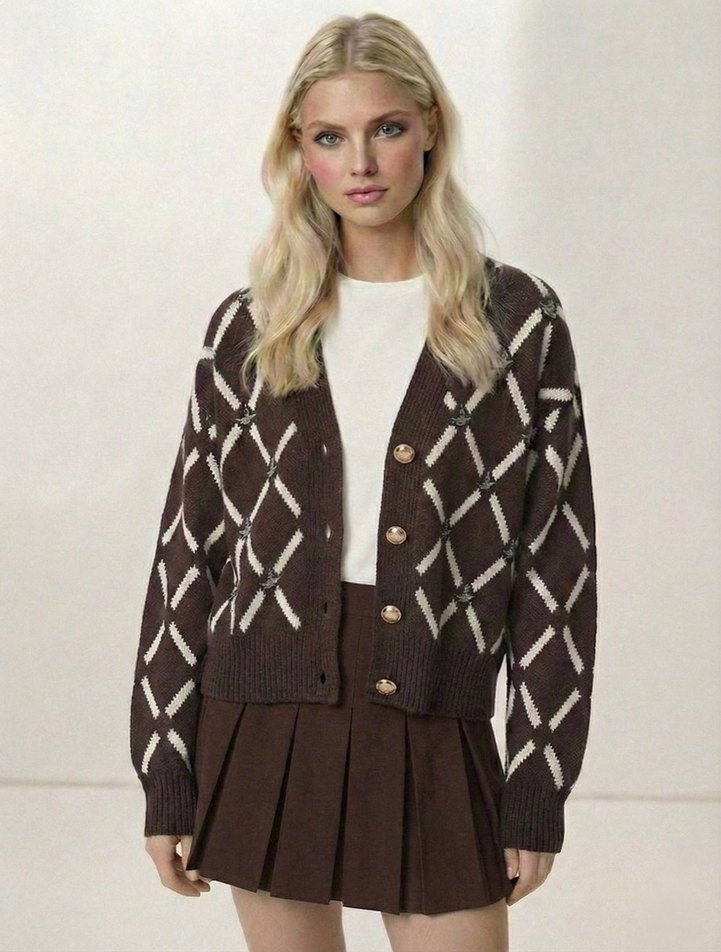 Bohem Nakışlı Kahverengi  Hırka - Görsel 4