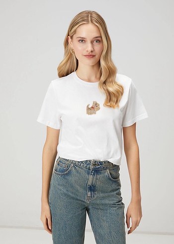 Nakışlı Beyaz Kısa Kollu tshirt - Görsel 7